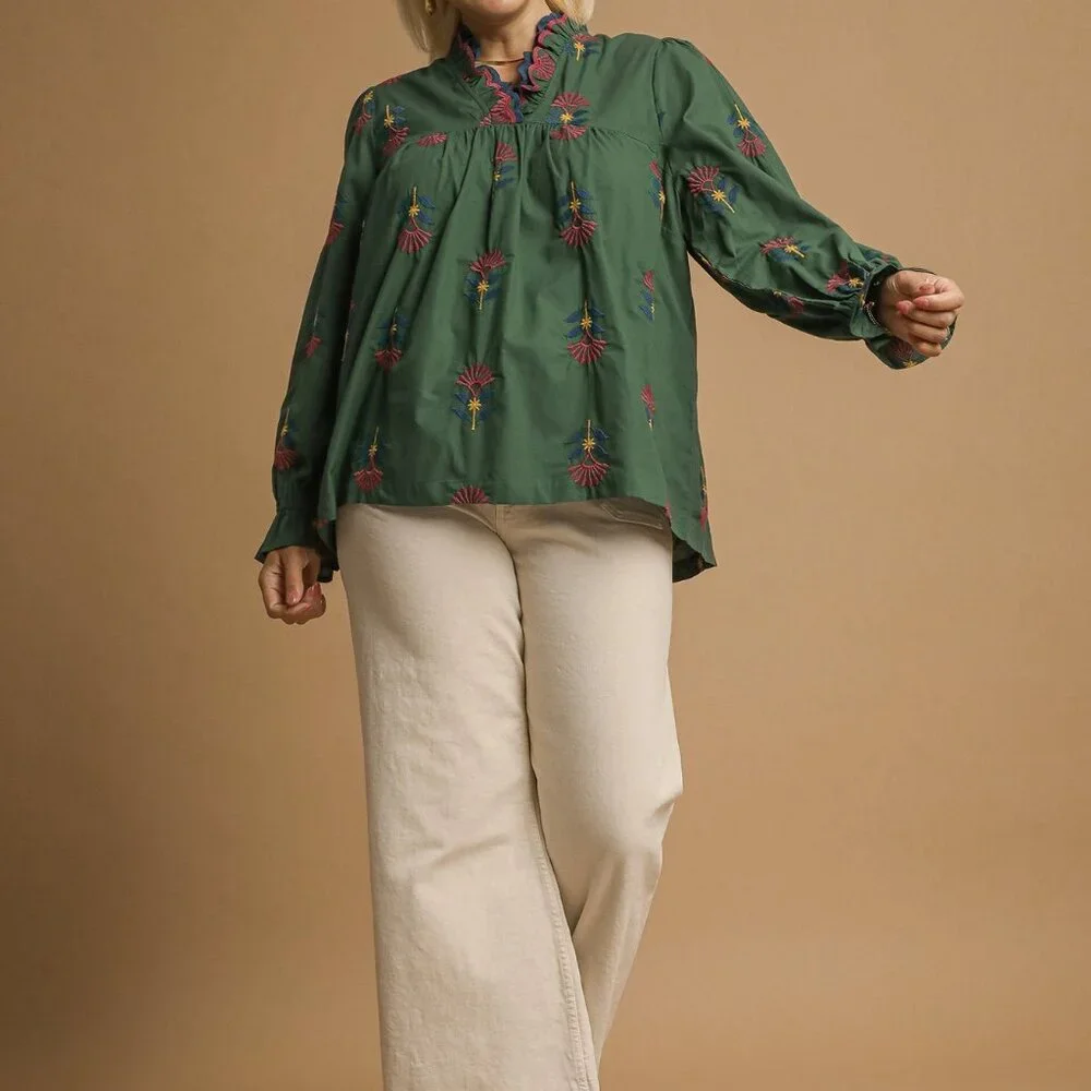 UMGEE Embroidered Floral Ruffle Neck Blouse - Hunter Green - Picture 3 of 7